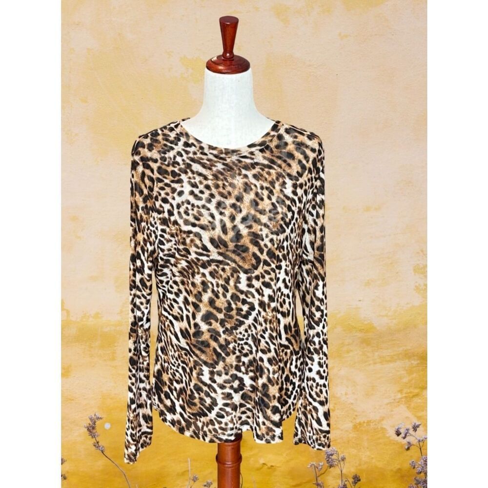 I.N.C. Long Sleeve Sheer Crew Neck Pullover Blouse Top Leopard Print XL - Picture 10 of 11